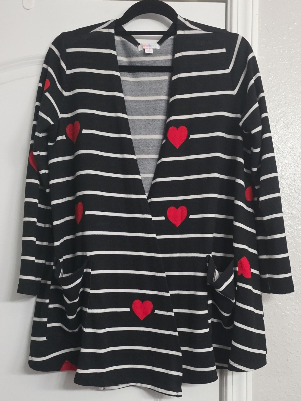 LuLaRoe Caroline Black and White Striped Cardigan with Red Hearts